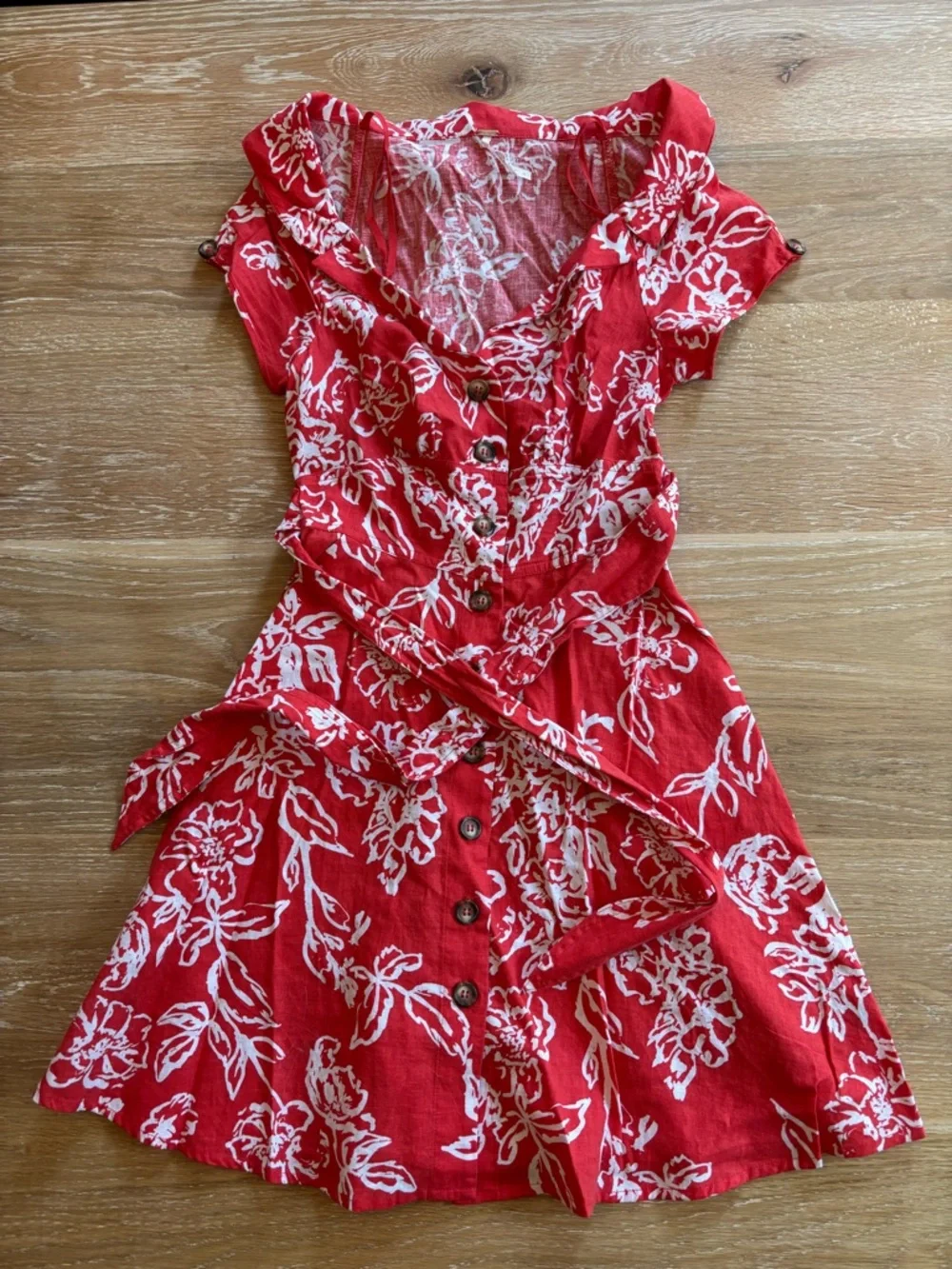 Free People Red & White Floral Button-Front Mini Dress with Waist Tie - Picture 1 of 4
